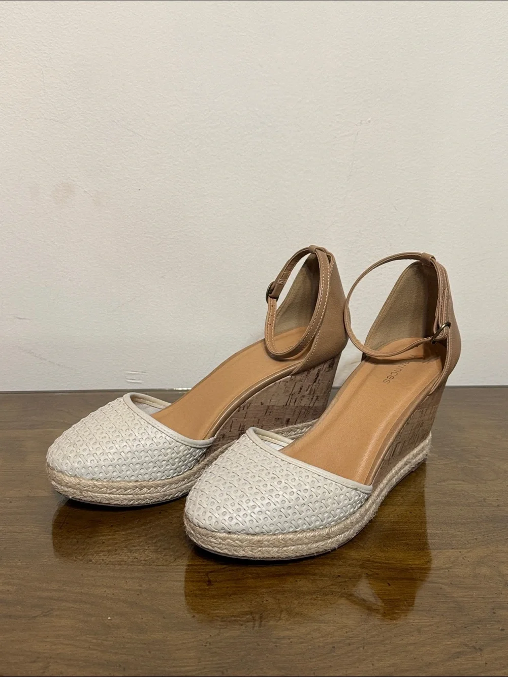 Maurices Cream and Tan Wedge Espadrille Sandals